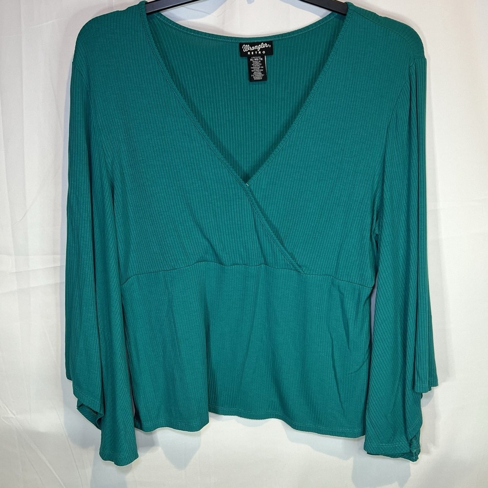 Wrangler Retro Blouse Women's XLarge‎ Blue Long Sleeve Flare V-Neck Top XL